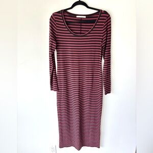 Peruvian Connection Striped Maxi Dress Long Sleeve Scoop Neck Maroon Black